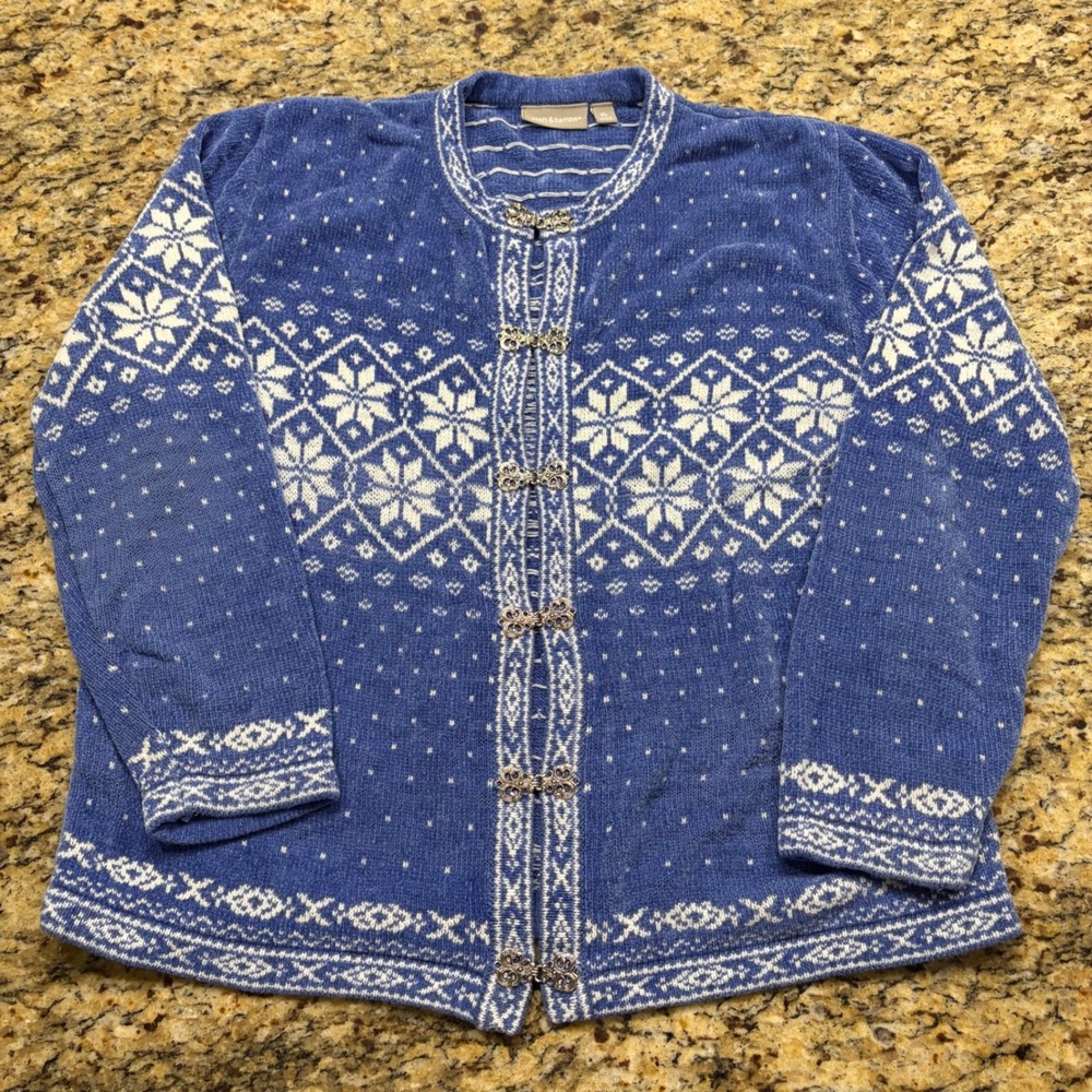 Croft & Barrow Blue White Fair Isle Snowflake Cardigan Metal Clasp Sweater XL